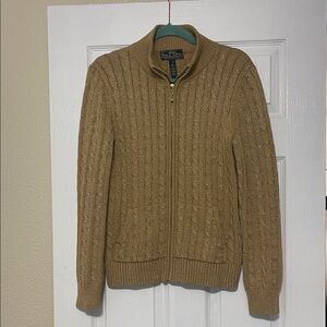 Lauren Ralph Lauren Golden Camel Tan Cable-Knit Zip Cardigan with Pockets